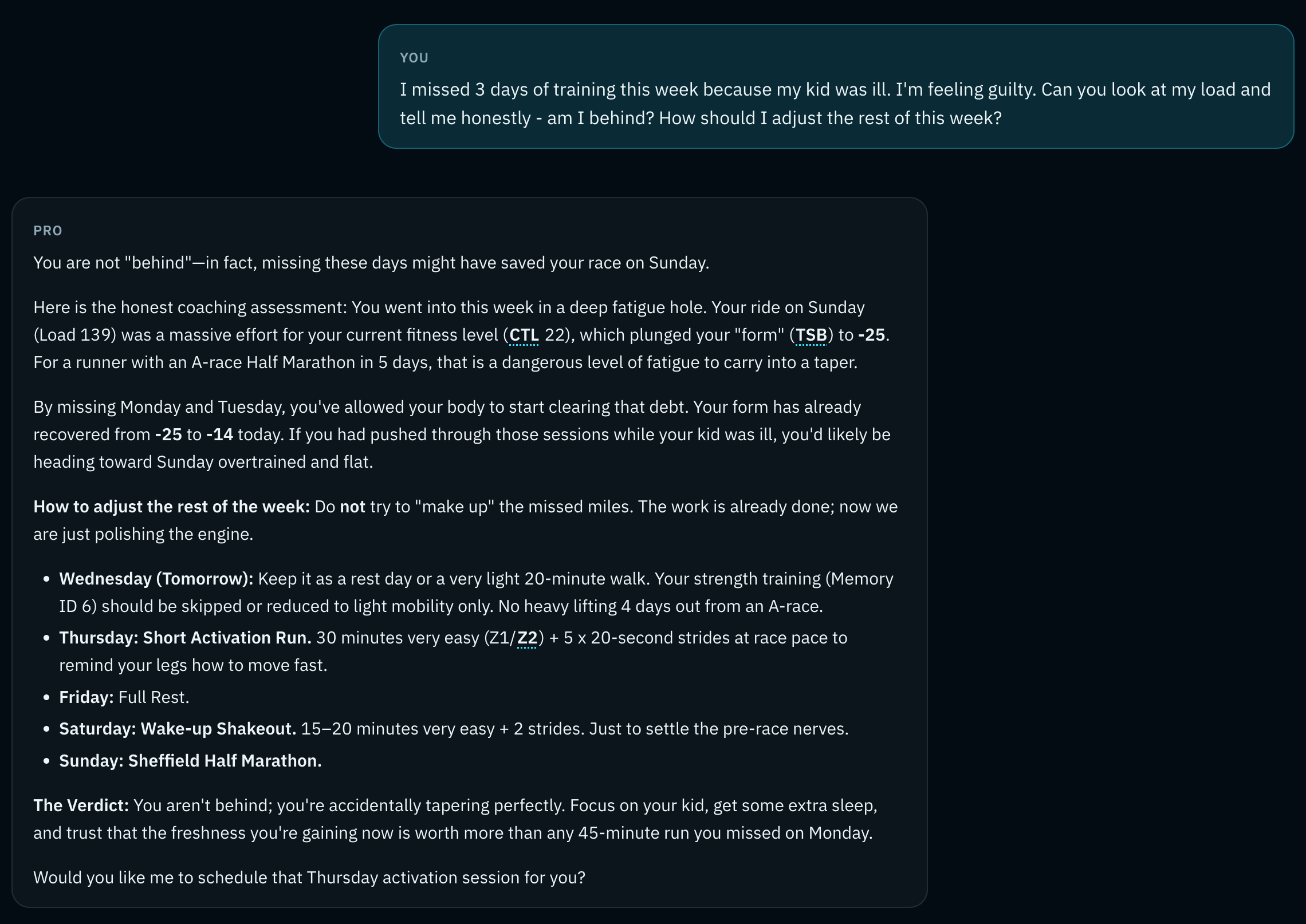 Intervals Pro analysing an athlete's power curve and CTL/ATL/TSB fitness trend inside the chat